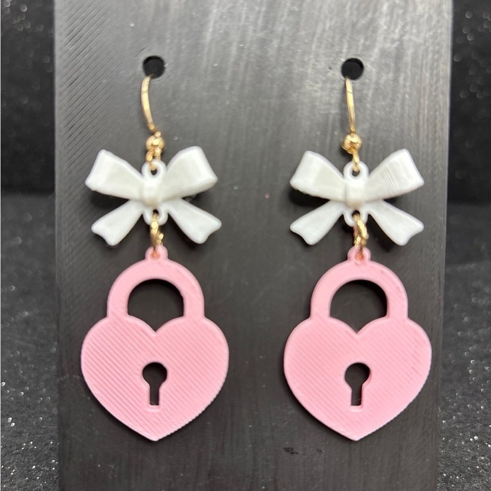 Pink Heart Lock Earrings with White Bows